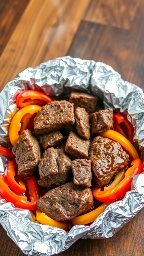 Air Fryer Steak Foil Packets Recipe Air fryer steak foil packet with steak, bell peppers, and onions on a rustic wooden table.